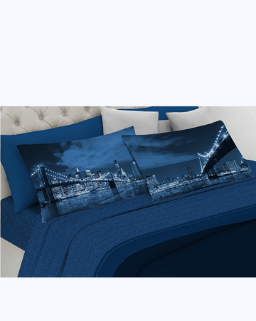 Set Lenzuola Letto Matrimoniale Made in Italy - Stampa New York Blu - Luci Di New York 2 Piazze